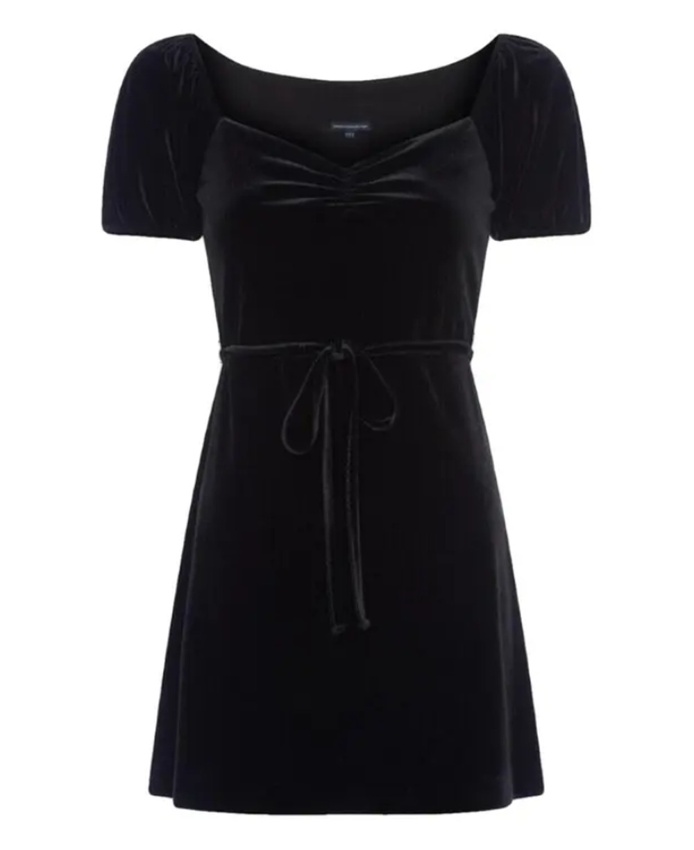French Connection Size 8 Black Velvet yule collection Dress Pouf Sleeve Cocktail